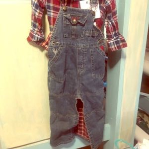 Boys 2t Oshkosh Lined Overhauls & Plaid LS Shirt